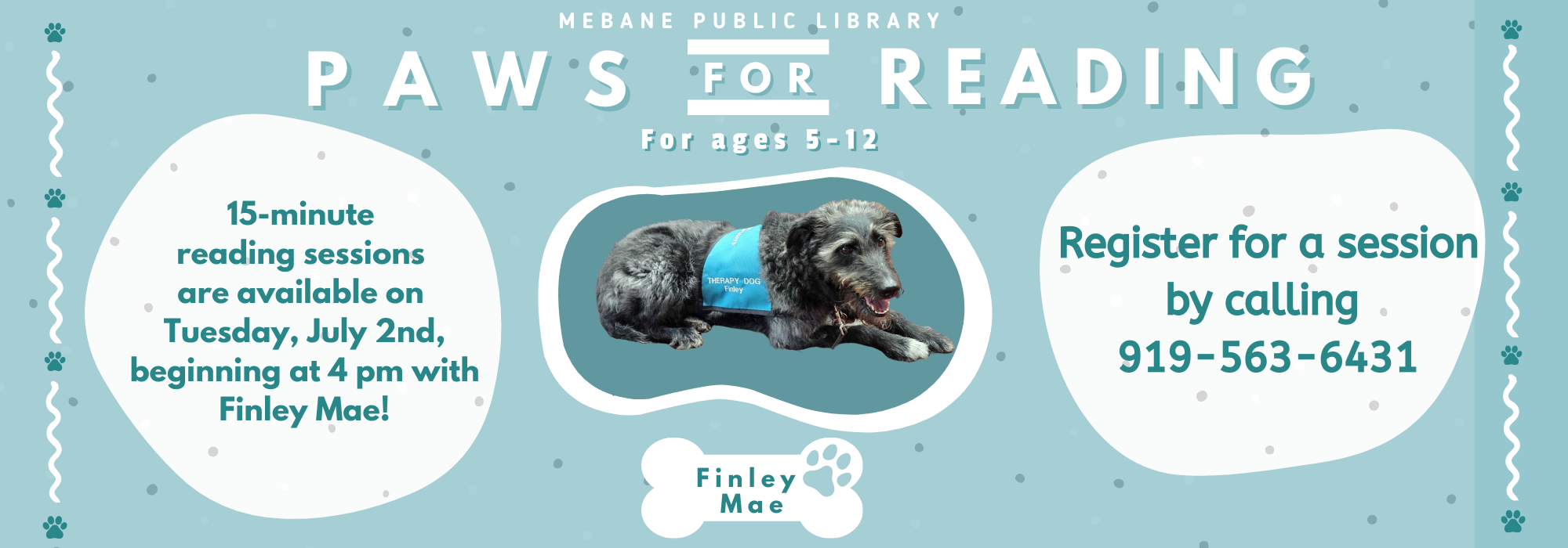 7.2 at 4 pm - Paws for Reading at Mebane