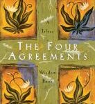 Cover of The Four Agreements. Four panels with plants in them, background is orange in each, with a green cross in between the four panels.