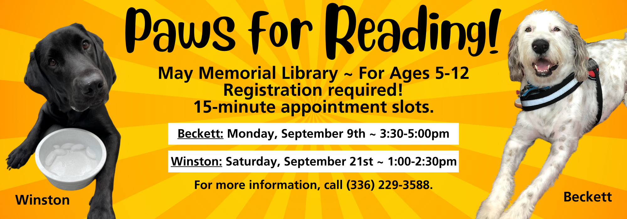 9.9 at 330 & 9.21 at 1 pm - Paws for Reading at May Memorial