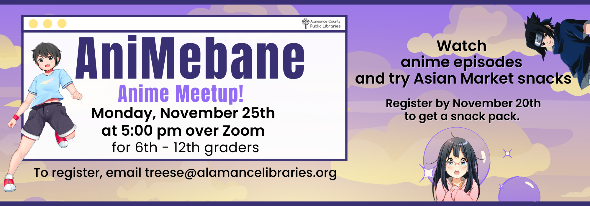 11.25 at 5 pm - AniMebane Anime Club hosted by Mebane on Zoom