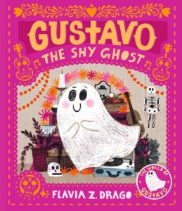 Cover of Gustavo the Shy Ghost. Pink background, orange guitars and skulls and designs are surrounding the middle graphic of Gustavo, who is floating in front of a record player, a skeleton, a skull, a guitar and other fall decor. Gustavo is smiling and looks very friendly.