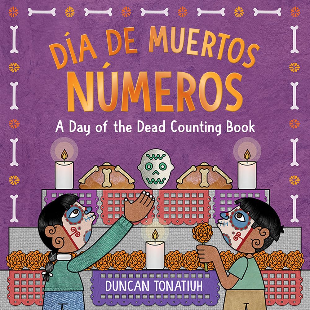 Cover of Dia de Muertos Numeros. There are two children at the bottom of the cover, looking up at an ofrenda. The ofrenda has candles, a mask and other decorations. The background of the cover is purple, with a bone and flower border.