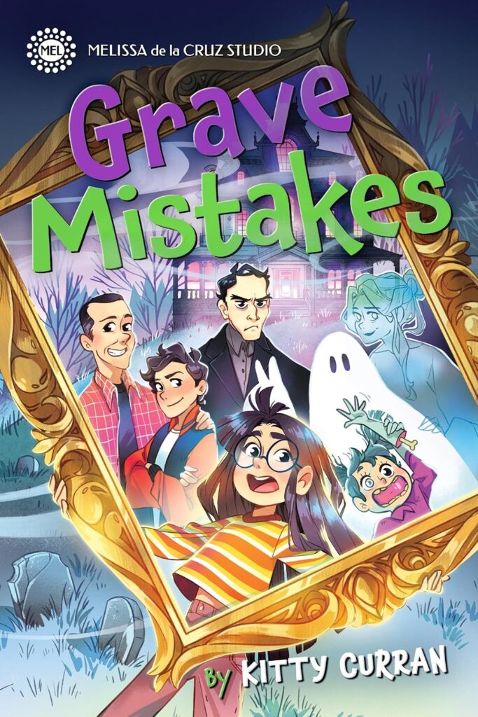 Cover of Grave Mistakes. The cover has a goldleaf frame with a family inside - a father, son, daughter, zombie daughter, ghost son and ghost mother, as well as grumpy man in the middle (their dad's assistant).