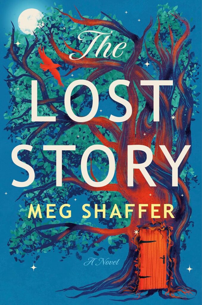 Cover of The Lost Story. Blue background, with a large tree with a door in it, and the moon peeking out behind the top of the tree. The cover is very artistic and beautiful.