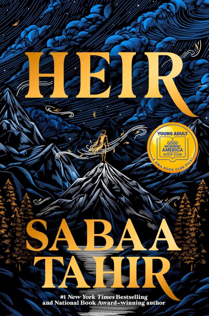 Cover of Heir. Young person standing on a small hill, facing larger mountains and a sky full of clouds. The person seems very small in comparison.